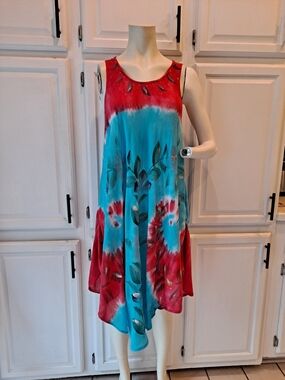 MM Collection Asymmetrical Tie-Dye Floral Handkerchief Dress Turquoise & Red